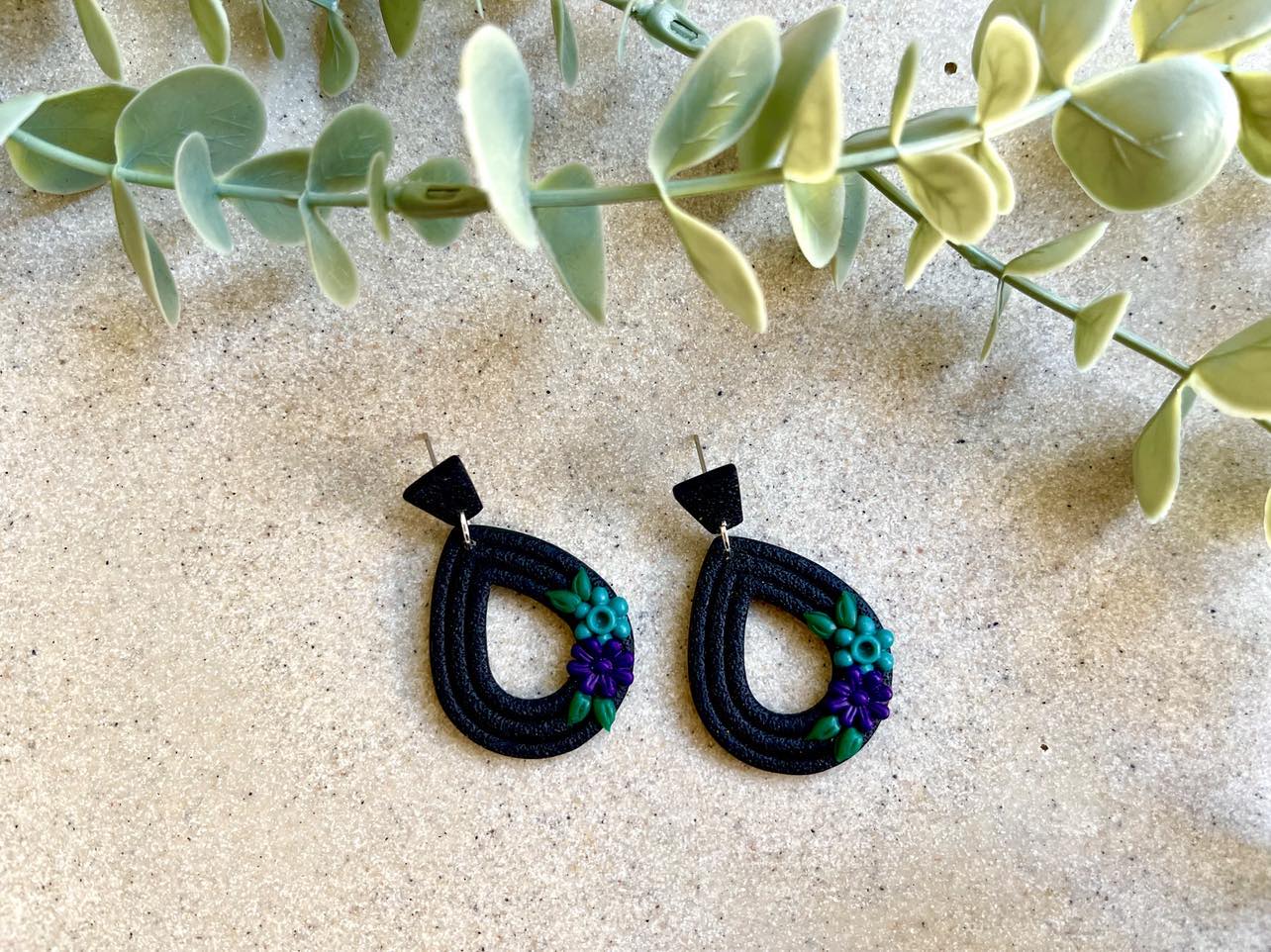 Floral Teardrop Dangle - Black/Purple/Blue